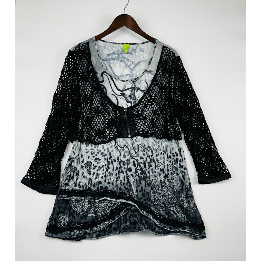 Y2K Cybergoth Grunge Shirt‎ Black Fishnet Punk Ombre Layered Top XL